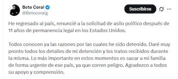 El activista anticipó que dará detalles sobre su detención y sobre los tratos recibidos bajo custodia en Estados Unidos - crédito @Betocoralg/X