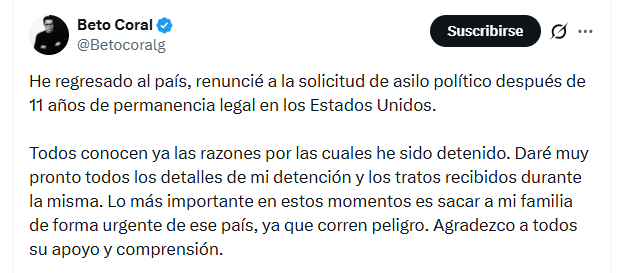 El activista anticipó que dará detalles sobre su detención y sobre los tratos recibidos bajo custodia en Estados Unidos - crédito @Betocoralg/X