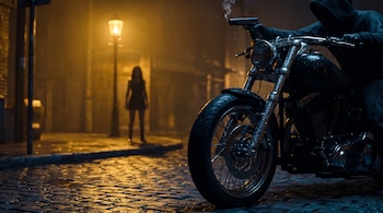 Una motocicleta sobre adoquines mojados, una persona encapuchada con una pistola y la silueta de una mujer al fondo bajo un farol.