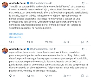 Mensajes de Adrián LeBarón dando a conocer el retraso de las audiencias en contra de los presuntos responsables de la masacre. Crédito: X - @AdrianLebaron