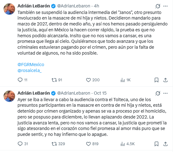 Mensajes de Adrián LeBarón dando a conocer el retraso de las audiencias en contra de los presuntos responsables de la masacre. Crédito: X - @AdrianLebaron