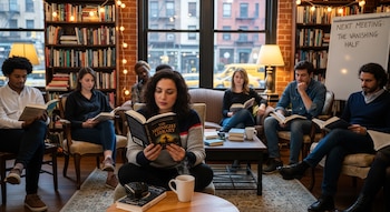 Siete personas leyendo libros en un club de lectura en Nueva York. Una mujer en primer plano lee "The Midnight Library". Estanterías, luces y una ventana visible al fondo.