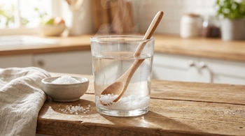 Un vaso de agua tibia con sal gruesa y una cuchara de madera en una mesa rústica. Un cuenco pequeño con sal y un paño de tela están a un lado.