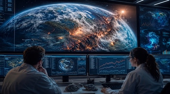 Dos personas sentadas frente a pantallas de computadora que muestran datos, gráficos y una visualización grande de la Tierra.