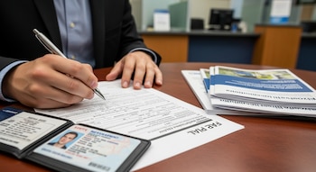 Primer plano de manos de un joven llenando un formulario con un bolígrafo sobre una mesa de madera, junto a una identificación y folletos informativos en un banco.