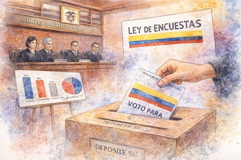 Ilustración acuarela de la Corte Constitucional de Colombia debatiendo la Ley de Encuestas, con jueces, gráficos de sondeos y una mano depositando un voto en una urna.
