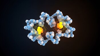 Dos estructuras moleculares interconectadas con esferas azules y blancas, y núcleos brillantes de esferas amarillas y naranjas, sobre un fondo oscuro.
