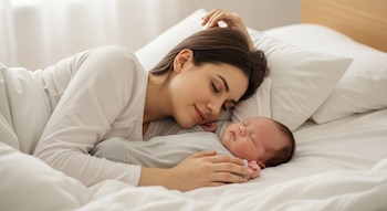 Joven madre durmiendo de lado junto a su bebé recién nacido, quien descansa boca arriba sobre una cama con sábanas blancas, en un entorno cálido y seguro.