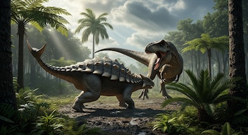 Un Ankylosaurus blindado y un Tyrannosaurus rex rugiendo se enfrentan en un denso bosque con palmeras y luz solar filtrada entre los árboles.