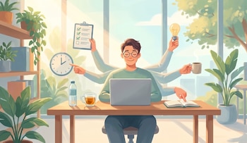 Hombre de dibujos animados sentado en una silla, usa laptop. Sus múltiples brazos manejan una lista, un reloj, una bombilla, café y un libro en un escritorio
