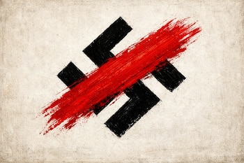 Una esvástica negra se encuentra sobre un fondo claro, cruzada por un trazo de pintura roja en diagonal.