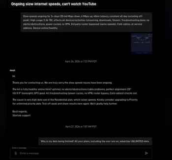 Usuario de Starlink revela que el soporte técnico de la empresa le reveló que habían limitado sus datos.