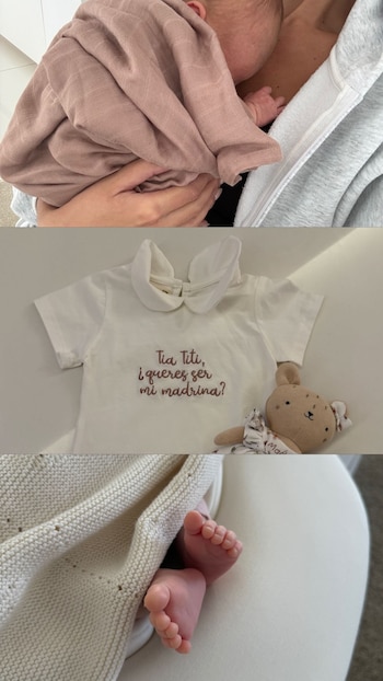 Composición de imágenes: un bebé envuelto en una manta rosa, un onesie blanco con la pregunta 'Tia Titi, ¿quieres ser mi madrina?' y los pies de un bebé