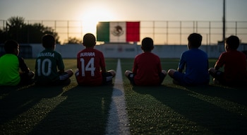 Seis niños sentados de espaldas en un campo de fútbol de césped artificial, siluetas contra el atardecer, con la bandera de México visible al fondo.