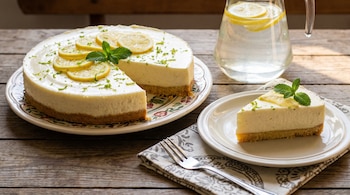 Torta de queso y limón en plato decorado con rodajas de limón, ralladura verde y menta; una porción servida, tenedor y jarra con agua y limón.