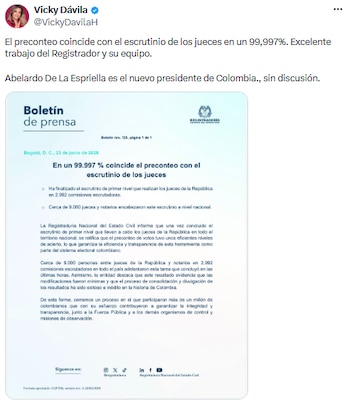 Vicky Dávila resaltó la precisión del escrutinio y reconoció a Abelardo de la Espriella como presidente - crédito @VickyDavilaH/X