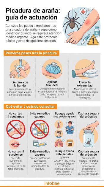 Infografía sobre picaduras de araña con ilustraciones de lavado de herida, aplicación de hielo, extremidad elevada y una araña en un frasco.