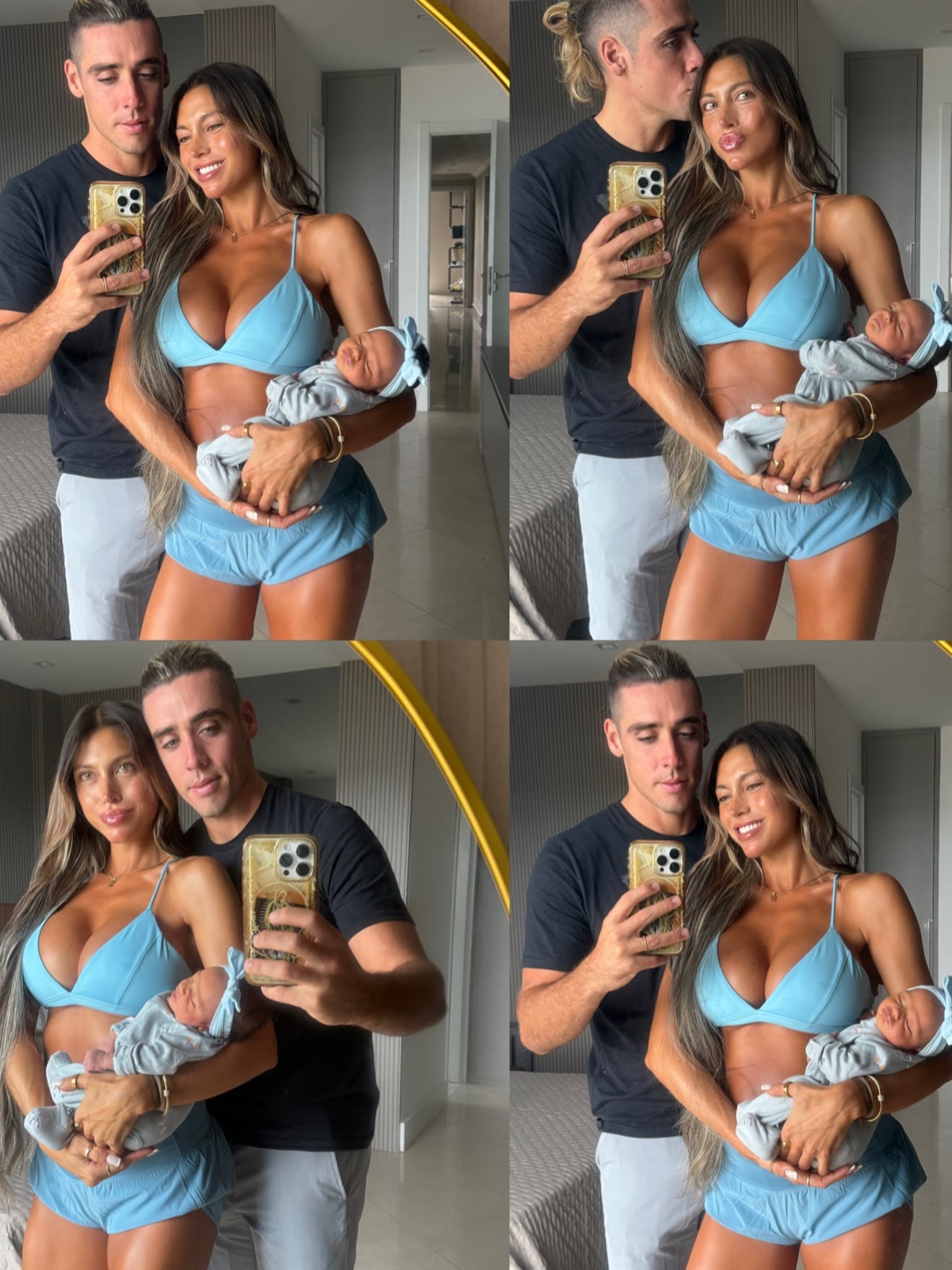 Claudio Spinelli y Cielo López posan junto a su bebé recién nacido en una serie de fotografías tomadas frente a un espejo.