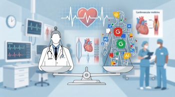 Ilustración de una balanza, con un médico cardiólogo a la izquierda y una silueta humana con circuitos e iconos de IA/Google a la derecha, sobre un fondo de hospital cardiovascular.
