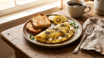 Plato con tortilla doblada con queso y hierbas, pan tostado y rodajas de kiwi, junto a un tenedor, una servilleta y una taza de café.