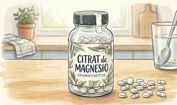 Ilustración de un frasco de citrato de magnesio y píldoras blancas sobre una mesa de madera. Al fondo, una ventana, una planta, toallas y un vaso de agua con cuchara