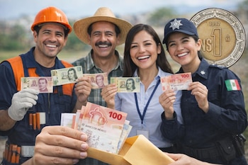Cuatro personas sonrientes, un obrero, un campesino, una oficinista y una policía, sostienen billetes mexicanos, mientras una mano entrega más pesos en un sobre.