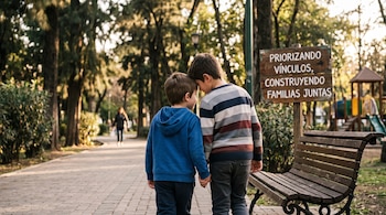 Dos niños de espaldas caminan tomados de la mano junto a un banco de madera y un cartel en un parque arbolado.