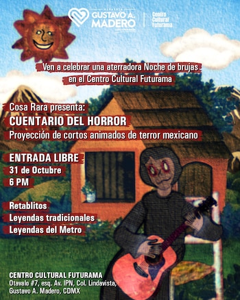 Cartel ilustrado con una persona que toca una guitarra frente a una casa rural, un sol con rostro, montañas y textos informativos de una función