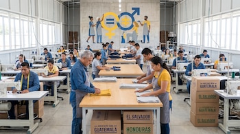 Planta industrial con máquinas de coser, trabajadores, mesas, cajas rotuladas "Guatemala", "El Salvador", "Honduras" y un mural de igualdad.