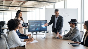 Un grupo de cinco empresarios en una sala de reuniones moderna, con un hombre señalando una pantalla con gráficos y otro usando gafas de realidad aumentada.