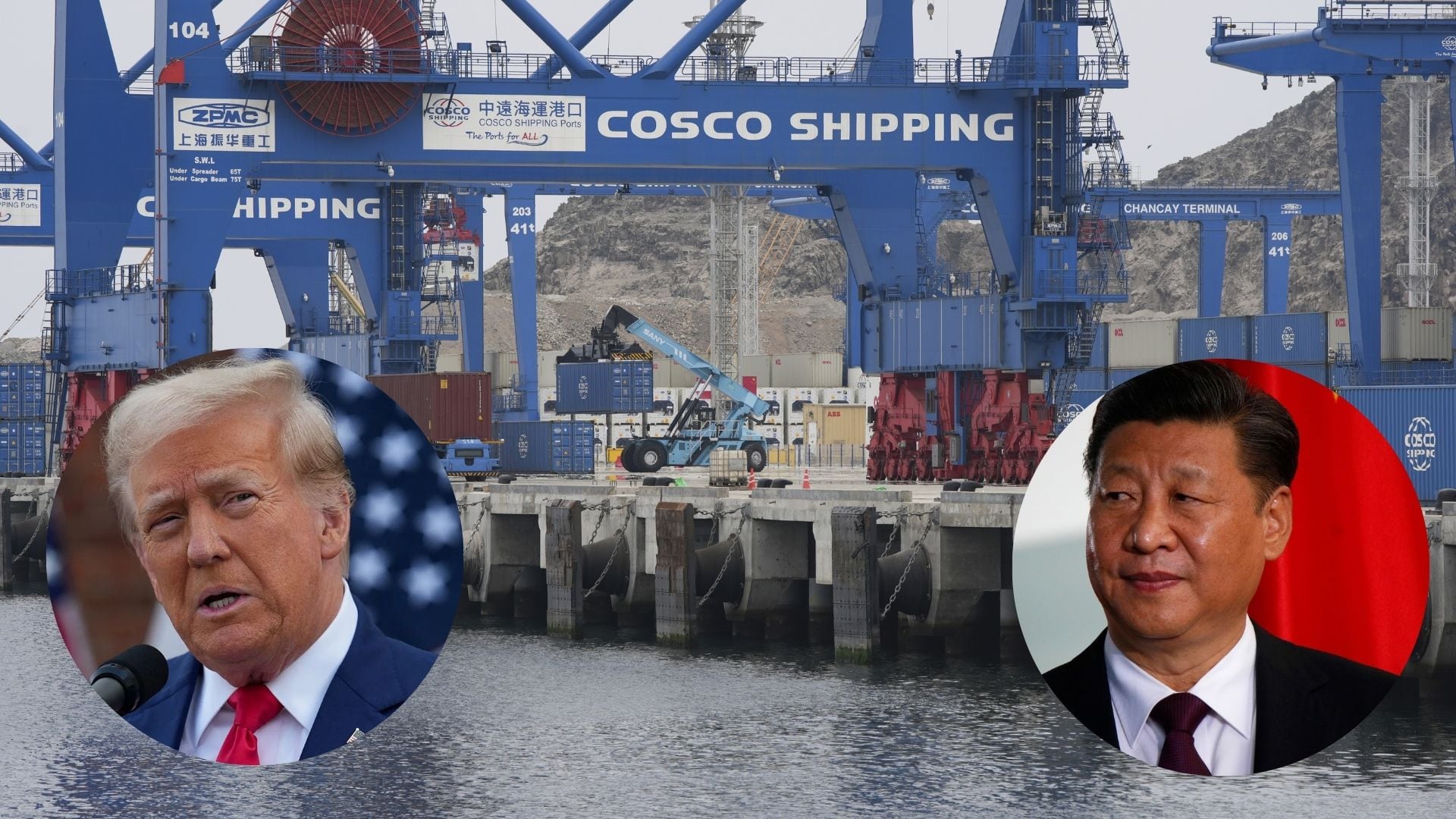 Los líderes Donald Trump y Xi Jinping aparecen superpuestos sobre el Puerto de Chancay en Perú, simbolizando la creciente tensión entre Estados Unidos y China por su control y potencial uso militar. (Composición: Infobae Perú)