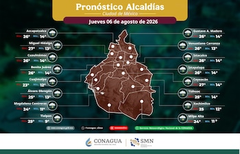 Infografía de mapa de la Ciudad de México con las 16 alcaldías, temperaturas máximas y mínimas, e íconos de tormenta; incluye logotipos de CONAGUA y SMN