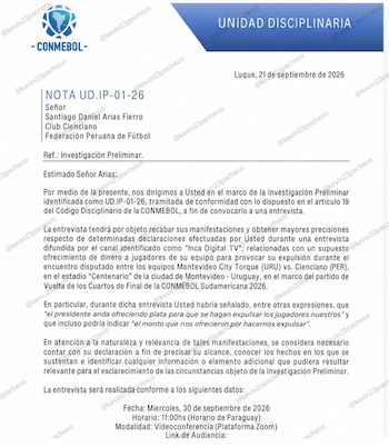 El pronunciamiento de Conmebol sobre las declaraciones de Santiago Arias contra presidente de Montevideo City Torque. - captura: Twitter Kevin Pacheco