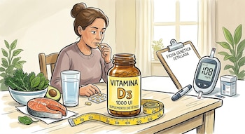 Ilustración: Mujer toma vitamina D3 en una mesa con salmón, verduras, aguacate, agua, glucómetro, cinta métrica y documento genético