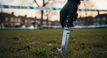 Mano con guante negro sujeta cuchillo con hoja plateada insertado en césped verde con hojas. Fondo desenfocado con cinta policial y edificios residenciales.