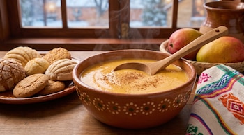 Tazón de atole caliente con cuchara de madera, plato con pan dulce, mangos frescos, jarro de barro, mantel bordado y una ventana al fondo.