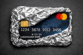 Una tarjeta de crédito azul oscuro con chip dorado y números se muestra parcialmente envuelta en papel aluminio arrugado sobre un fondo negro.