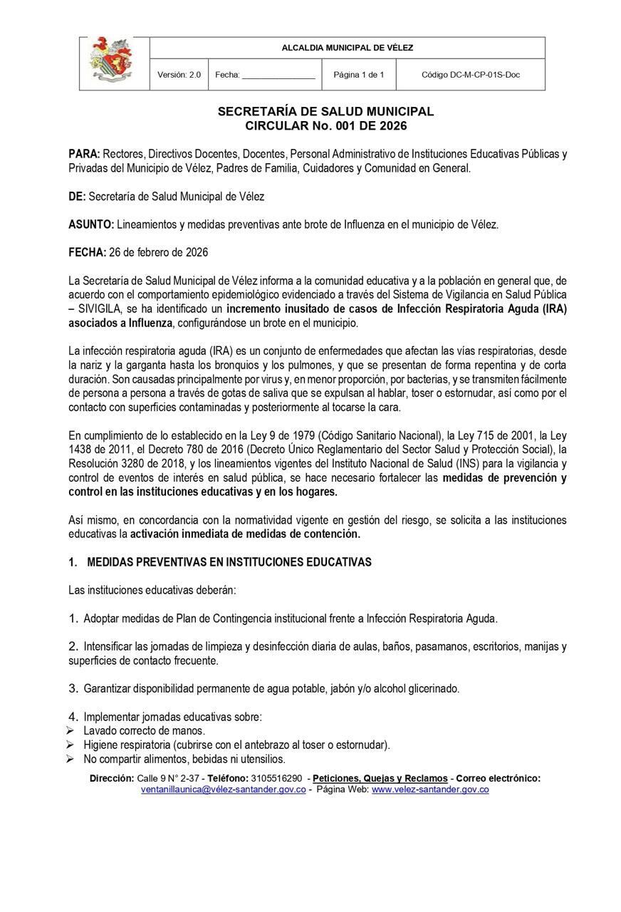 Las escuelas deben reforzar la limpieza diaria y garantizar la disponibilidad de agua potable, jabón y alcohol glicerinado para prevenir el contagio de influenza - crédito Alcaldía Vélez / Facebook