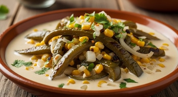 Un tazón marrón contiene rajas de chile verde, elote, cebolla picada y cilantro en salsa cremosa. El tazón está sobre una superficie de madera.