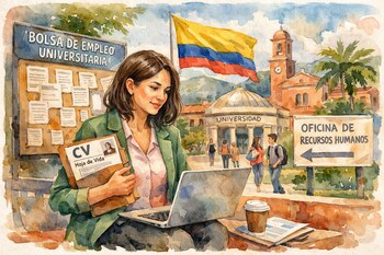 Pintura en acuarela de una mujer con laptop y currículum, sentada. Al fondo, un tablero de empleo, edificios universitarios y la bandera de Colombia.