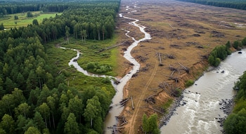 Vista aérea de un paisaje dividido: a la izquierda, un bosque verde denso; a la derecha, terreno deforestado marrón con troncos y un río turbio con escorrentías.