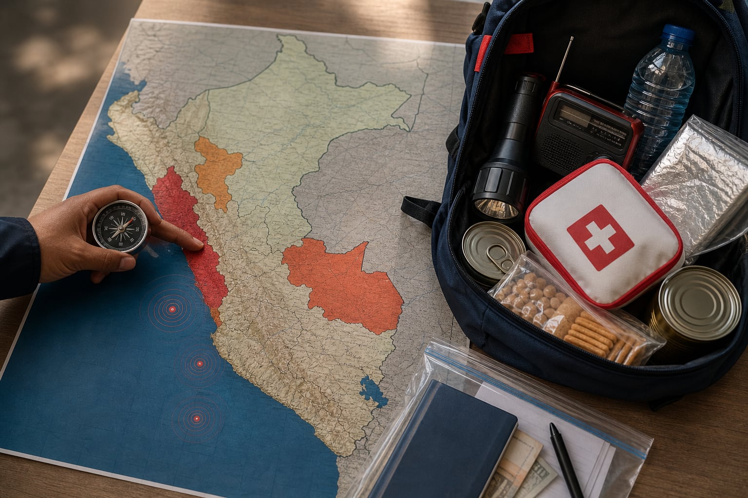 Un mapa físico de Perú señala zonas de actividad sísmica reciente junto a una mochila equipada con suministros básicos de emergencia. (Imagen Ilustrativa Infobae)