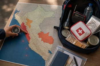 Un mapa de Perú sobre una mesa, una mano con brújula y una mochila abierta con linterna, radio, botiquín, agua y alimentos.