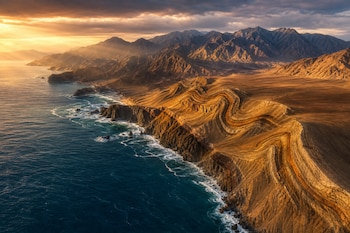 Vista aérea de acantilados rocosos con pliegues geológicos junto al océano y montañas en el fondo bajo la luz del atardecer.