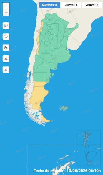Mapa meteorológico de Argentina mostrando zonas en color verde y amarillo, indicando alertas. Se aprecian iconos de lluvia, nieve y viento a la izquierda