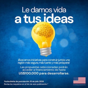 Póster con fondo azul, una bombilla amarilla con un cerebro dentro, texto de una convocatoria, la bandera de Estados Unidos y el nombre de su embajada