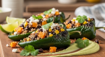 Tres chiles rellenos de quinoa, frijoles negros, maíz y calabaza, decorados con queso y cilantro, sobre tabla de madera con salsa verde y limas.