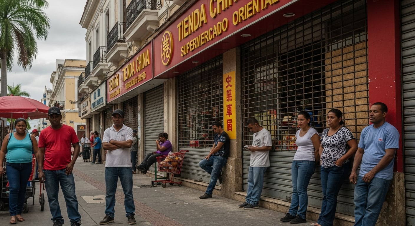 Exempleados de tiendas chinas, con semblantes afectados, se congregan frente a los negocios cerrados en las calles del centro de Santo Domingo, República Dominicana, tras perder sus trabajos. (Imagen Ilustrativa Infobae)