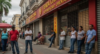Personas de pie y apoyadas en una acera frente a tiendas chinas con rejas metálicas en el centro de Santo Domingo, República Dominicana.