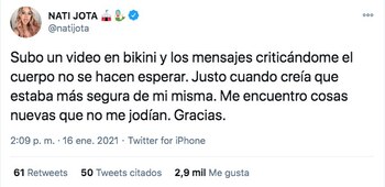 En Twitter Nati Jota habló
